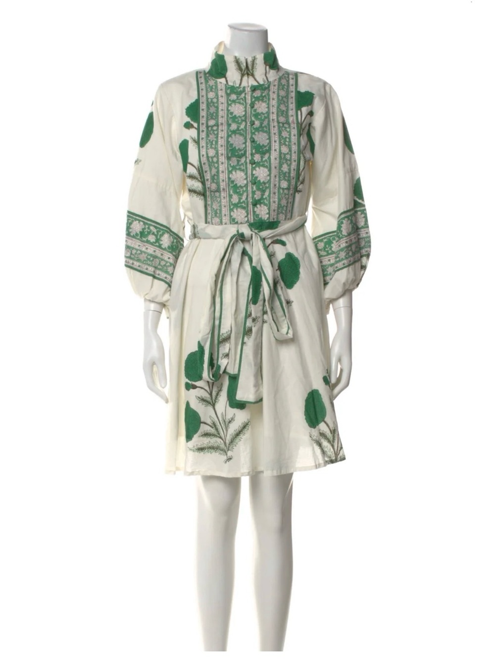 Women's White Dress with Green Floral Embroidery and Self Tie Waist